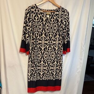 Elevated Office Wear Emma & Michele Black and Cream Dress with Burgundy Trim.